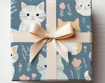 Kitty Wrapping Paper Roll, Cute Kitten Wrapping Paper Cats, Quirky Cats Gift Wrap Roll, Cute Cats Gift Wrap Roll, Blue Cat Wrapping Paper