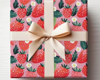 Erdbeere Geschenkpapierrolle, Erdbeere Geschenkpapierrolle, Erdbeere Geburtstagspapier, Sommerbeeren Geschenkpapier, rosa Erdbeere