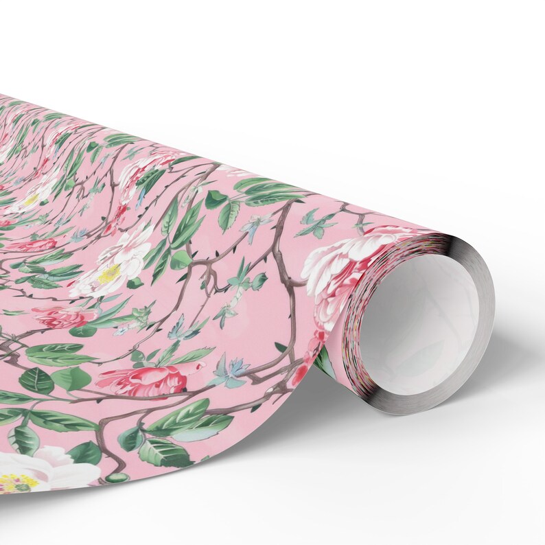 Pink Chinoiserie Wrapping Paper Roll Light Pink Victorian Wrapping Paper Cottage Rose Wrapping Paper Pink Gift Wrap Baby Shower image 4