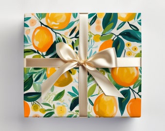 Oranges Wrapping Paper Roll Artistic Citrus Wrapping Paper Roll With Painted Lemons and Oranges Gift Wrap, Cutie Baby Shower Gift Wrap