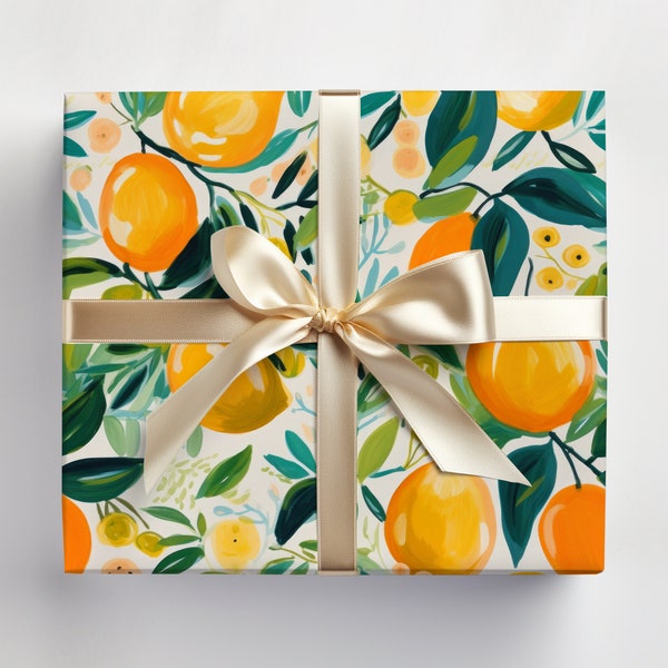 Oranges Wrapping Paper Roll Artistic Citrus Wrapping Paper Roll With Painted Lemons and Oranges Gift Wrap, Cutie Baby Shower Gift Wrap
