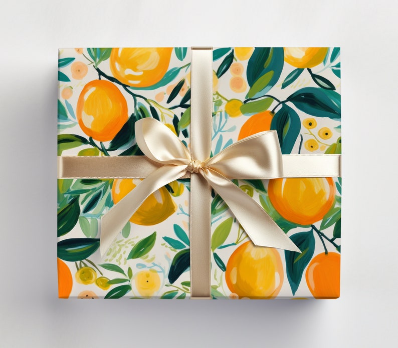 Oranges Wrapping Paper Roll Artistic Citrus Wrapping Paper Roll With Painted Lemons and Oranges Gift Wrap, Cutie Baby Shower Gift Wrap image 1
