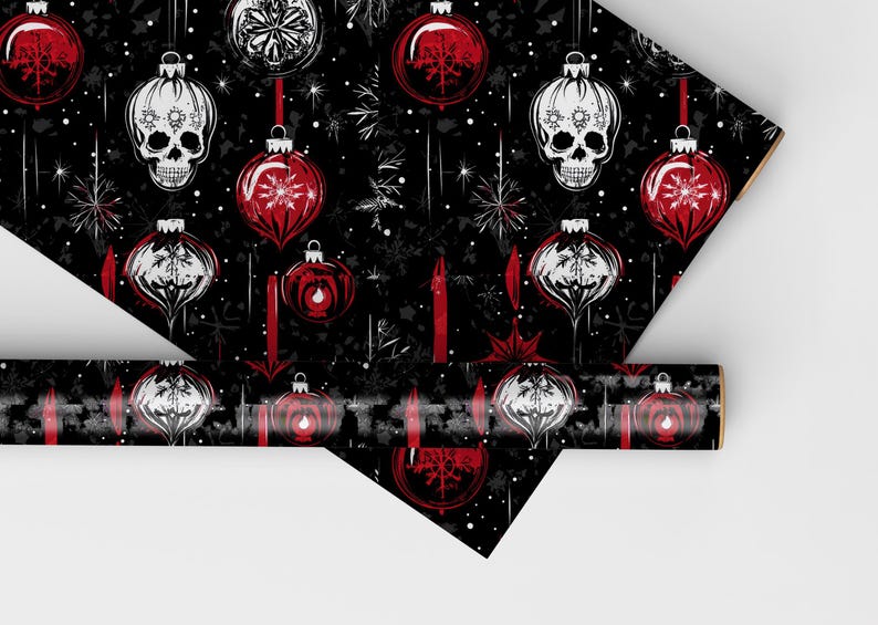 May include: Black and white wrapping paper with a repeating pattern of red and white Christmas baubles and skulls. The baubles have a snowflake design.