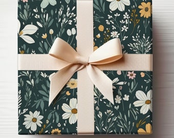 Girly Gift Wrap Roll With Dark Flowers, Daisy Wrapping Paper Roll Modern Daisies Gift Wrapping Paper Roll