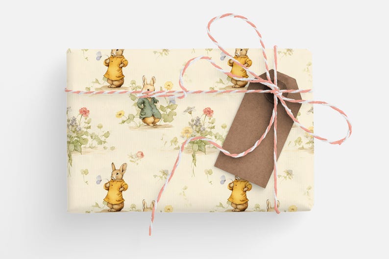 Rulle med vintage kanininslagningspapper, Cottagecore kanin, presentinslagningsrulle, könsneutralt inslagningspapper, klassisk kanin, presentinslagning för babyshower bild 4