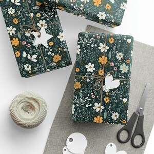 Girly Gift Wrap Roll With Dark Flowers, Daisy Wrapping Paper Roll Modern Daisies Gift Wrapping Paper Roll image 2