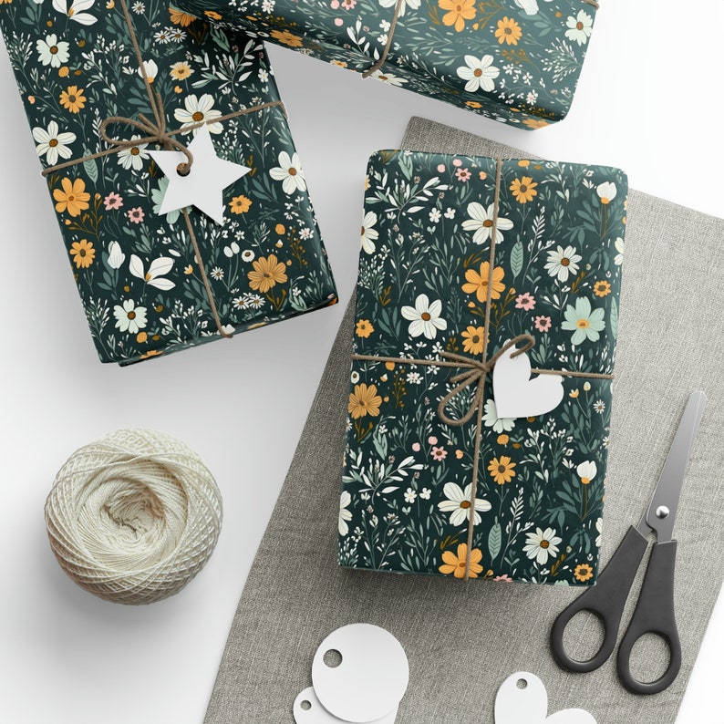 Girly Gift Wrap Roll With Dark Flowers, Daisy Wrapping Paper Roll Modern Daisies Gift Wrapping Paper Roll image 2