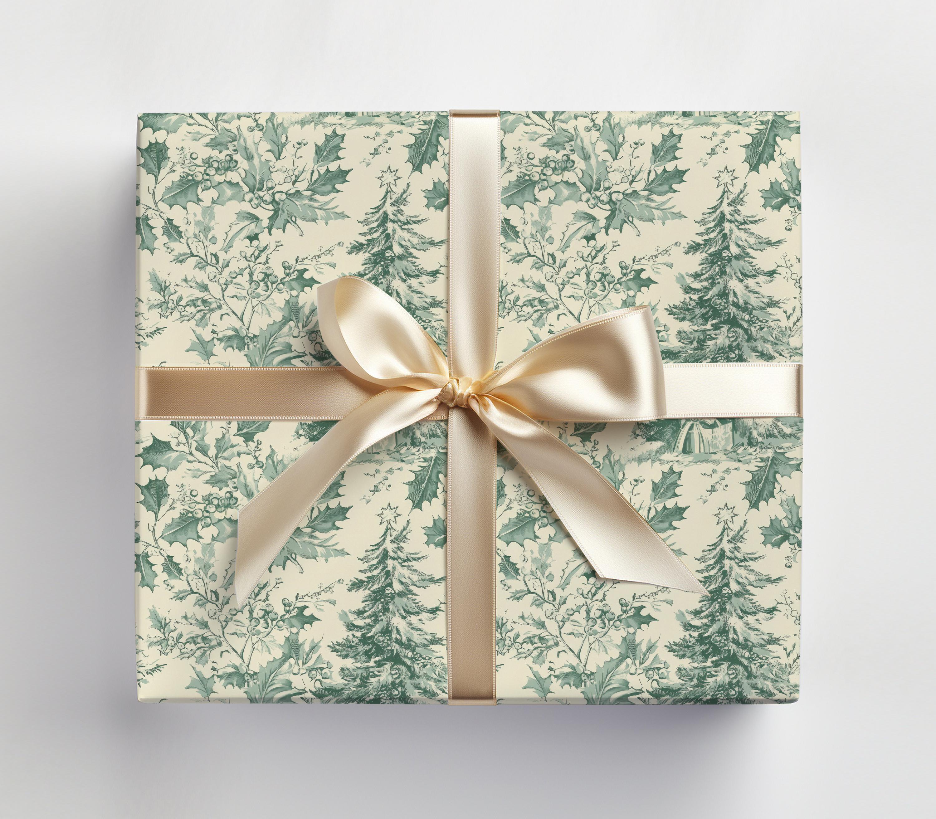 Vintage Christmas Toile Wrapping Paper Roll Vintage Christmas Tree Gift Wrap Roll Antique Christmas Tree Wrapping Paper Sage Green Toile