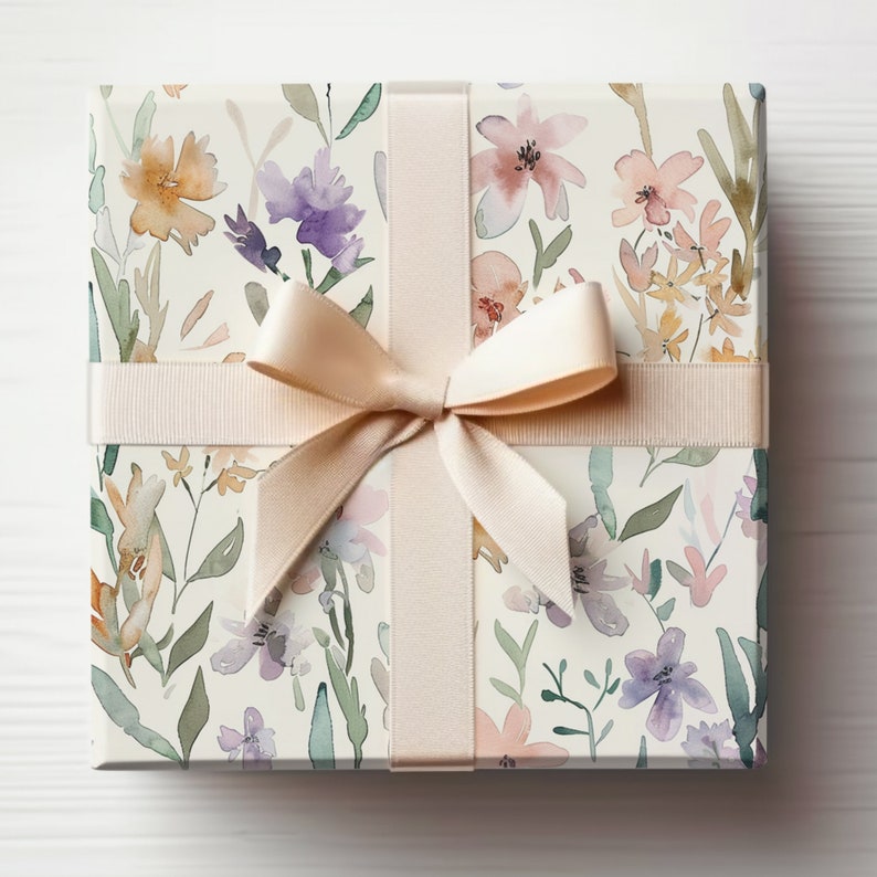 Pastel Flowers Wrapping Paper Watercolor Floral Gift Wrap Roll Pastel Wrapping Paper, Baby Girl Baby Shower Gift Wrap image 1