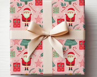 Pink Santa Wrapping Paper Roll Pink Wrapping Paper Christmas Tree, Christmas Gift Wrap Papers Pink Girly Christmas Wrapping Paper