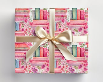 Pink Books Wrapping Paper Roll For Booklovers Gift Wrap, Girly Book Wrapping Paper Roll, Pink Wrapping Paper With Books, Bookshelf Gift Wrap