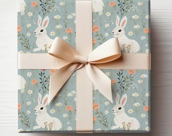 Modern Bunny Wrapping Paper Roll Cute Spring Bunny Gift Wrapping Roll For Easter With Spring Rabbits and Flowers, Blue Gift Wrapping