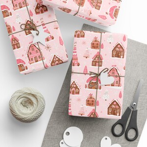 Pink Gingerbread House Wrapping Paper Roll Pink Gingerbread Christmas Gift Wrapping Roll Girly Christmas Gift Wrap Roll image 4