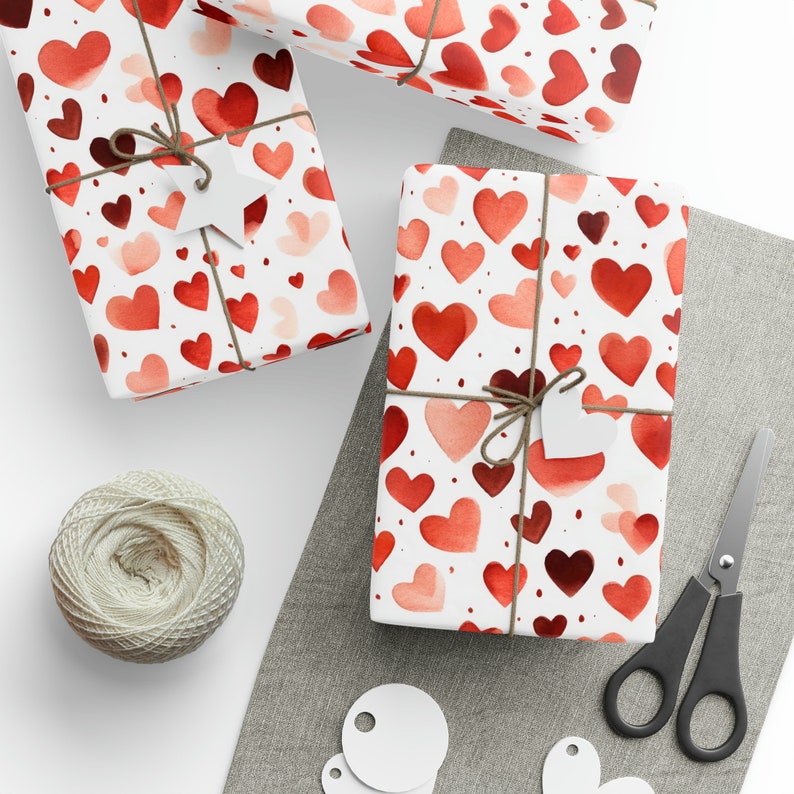 Inpakpapier aquarel harten Valentijnshart cadeaupapier rol rode harten, cadeaupapier valentijnskaart voor Galentines cadeaupapier afbeelding 2
