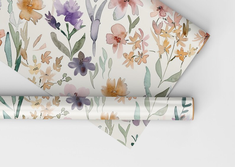 Pastel Flowers Wrapping Paper Watercolor Floral Gift Wrap Roll Pastel Wrapping Paper, Baby Girl Baby Shower Gift Wrap image 3