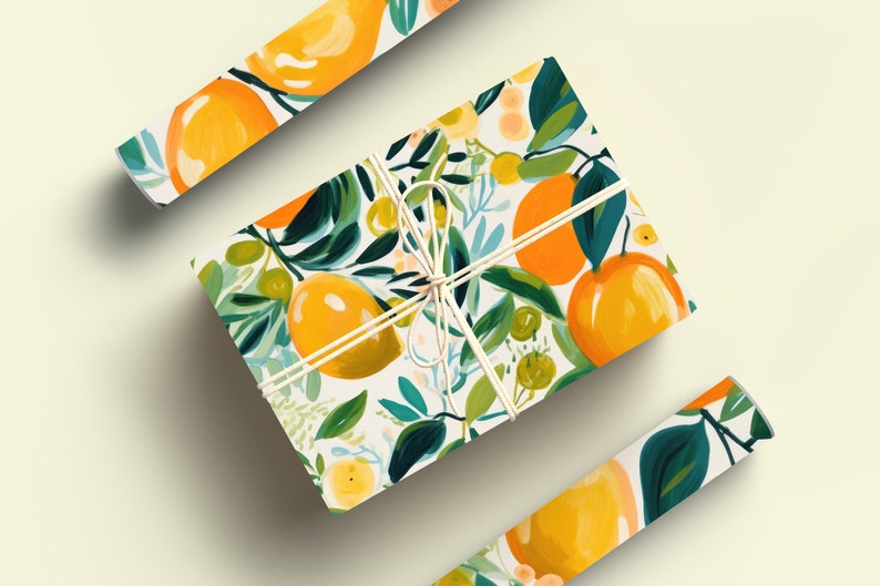 Oranges Wrapping Paper Roll Artistic Citrus Wrapping Paper Roll With Painted Lemons and Oranges Gift Wrap, Cutie Baby Shower Gift Wrap image 5