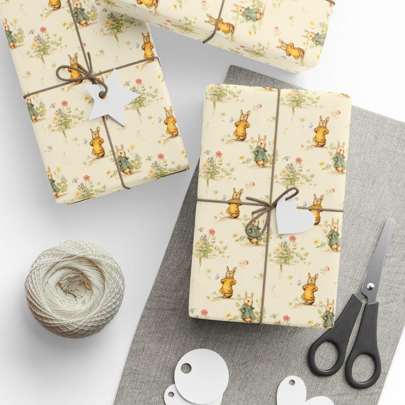 Rulle med vintage kanininslagningspapper, Cottagecore kanin, presentinslagningsrulle, könsneutralt inslagningspapper, klassisk kanin, presentinslagning för babyshower bild 3