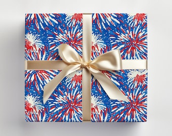 USA Wrapping Paper, Patriotic Wrapping Paper, 4th of July Gift Wrap Roll, Fireworks Wrapping Paper Red White and Blue