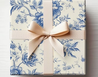 Elegant Wrapping Paper Blue Wedding Gift Wrap Roll, Blue Chinoiserie Wrapping Paper Roll,