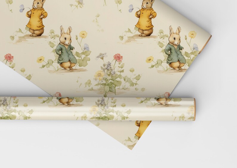 Rulle med vintage kanininslagningspapper, Cottagecore kanin, presentinslagningsrulle, könsneutralt inslagningspapper, klassisk kanin, presentinslagning för babyshower bild 2