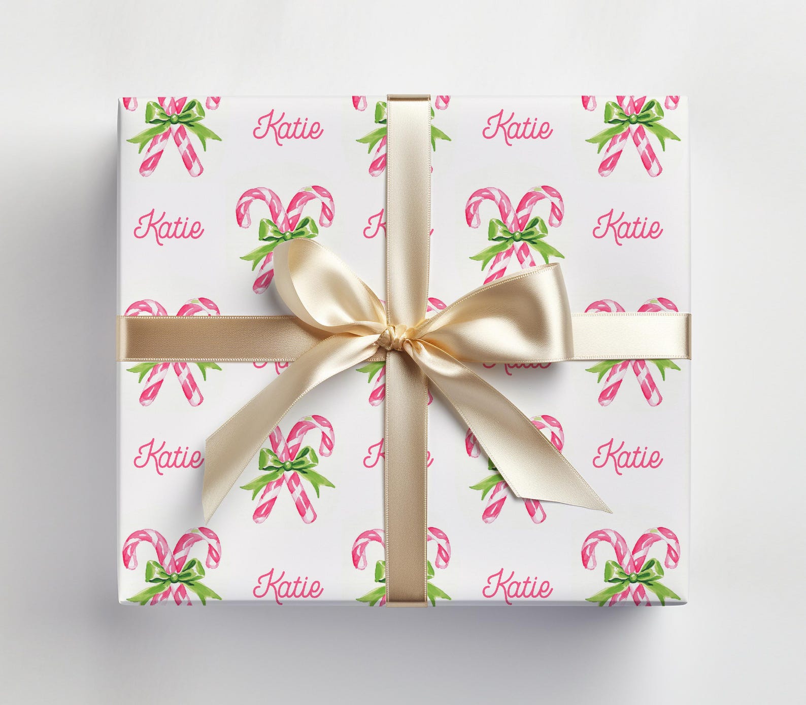 Pink Candy Cane Wrapping Paper With Custom Name Watercolor Pink Candy ...