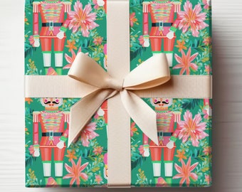 Preppy Pink Nutcracker Gift Wrap Roll, Christmas Nutcracker Wrapping Paper Roll, Modern Wrapping Paper Roll Design