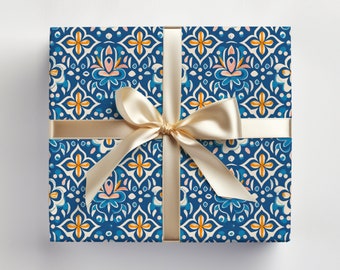 Italian Wrapping Paper Roll, Italian Gift Wrapping Roll, Italian Tile Wrapping Paper, Blue Geometric Gift Wrap, Geometric Wrapping Paper