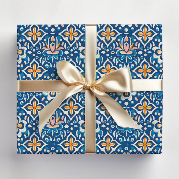 Italienische Geschenkpapierrolle, italienische Geschenkpapierrolle, italienische Fliesenpapierrolle, blaue geometrische Geschenkpapierrolle, geometrische Geschenkpapierrolle