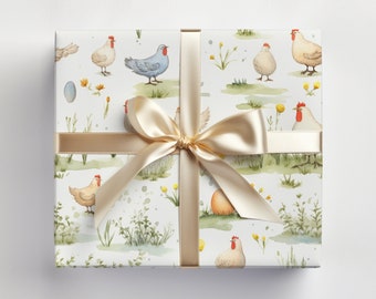 Chicken Wrapping Paper Roll With Eggs, Cute Chickens Gift Wrap Roll, Spring Chickens Wrapping Paper, Spring Wrapping Paper Roll Easter