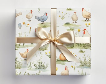 Rouleau de papier cadeau poulet avec œufs, Rouleau de papier cadeau poulets mignons, Papier cadeau poulets de printemps, Rouleau de papier cadeau de Pâques