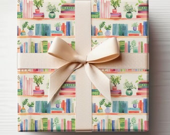 Books Wrapping Paper Books Wrapping Paper Roll Bookshelf Gift Wrap for Booklovers Gift Wrap Roll, Watercolor Book Lovers Wrapping Paper