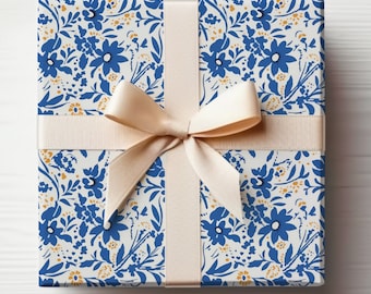 Papel de regalo elegante Papel de regalo de boda azul Papel de regalo de despedida de soltera con flores azules Papel de regalo de flores azules Papel de regalo victoriano