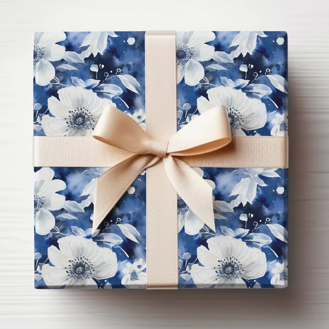 Navy Blue Wrapping Paper With Flowers, Navy Blue Floral Gift Wrapping ...