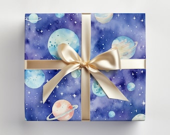 Space Wrapping Paper Roll, Space Birthday Gift Wrap Roll, Planets Wrapping Paper, Planets Gift Wrapping, Cute Outerspace Gift Wrap