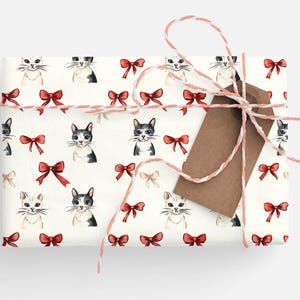 May include: A wrapped gift with cream-coloured paper decorated with cat faces and red bows. The package is tied with pink and white twine and has a brown tag attached.