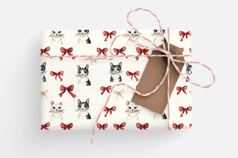 May include: A wrapped gift with cream-coloured paper decorated with cat faces and red bows. The package is tied with pink and white twine and has a brown tag attached.