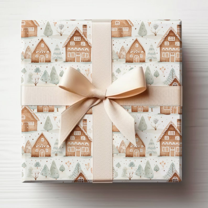 Gingerbread House Wrapping Paper Roll, Cute Gingerbread Wrapping Paper Christmas Gingerbread Houses Gift Wrapping Roll, Modern Gift Wrapping image 1