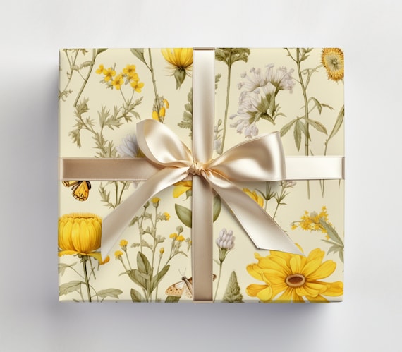 Yellow Floral Wrapping Paper Botanical Gift Wrap Yellow Flowers Wrapping Paper Roll Yellow Botanical Flowers