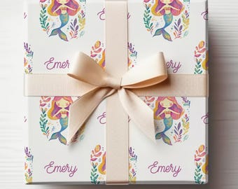 Mermaid Wrapping Paper With Name, Custom Mermaid Wrapping Paper Roll Mermaid Birthday Gift Wrap Roll