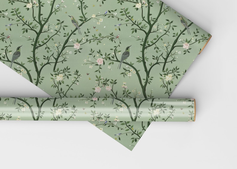Sage Green Chinoiserie Wrapping Paper Roll, Sage Green Wrapping Paper