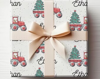 名前入りトラクターラッピングペーパー クリスマスファームトラクターラッピングペーパーロール 男の子用 カスタム名入りクリスマスラッピングペーパー