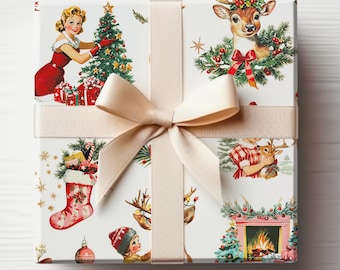 Retro Christmas Wrapping Paper Vintage Christmas Gift Wrap Roll Vintage Xmas Wrapping Paper 1950s Vintage Design Wrapping Paper Roll