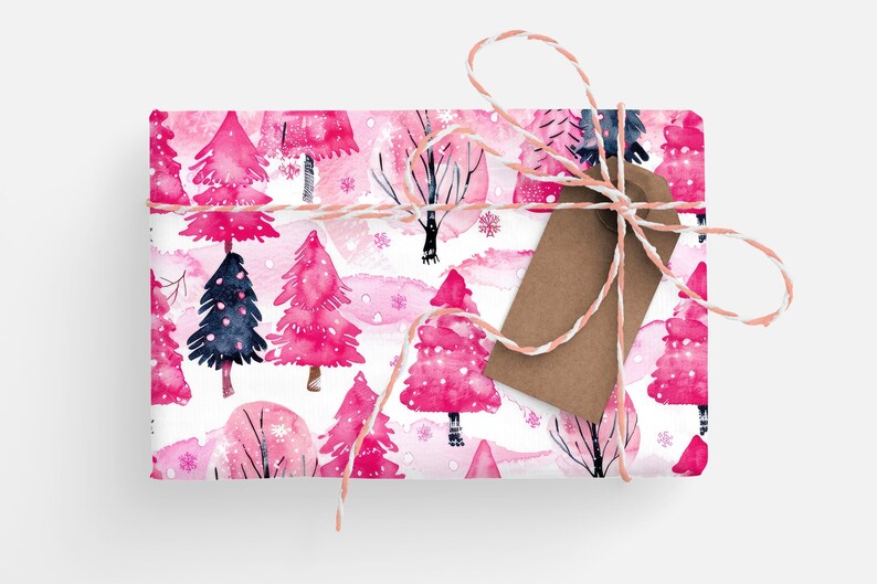 Hot Pink Christmas Wrapping Paper Pink Forest Gift Wrapping Roll Pink