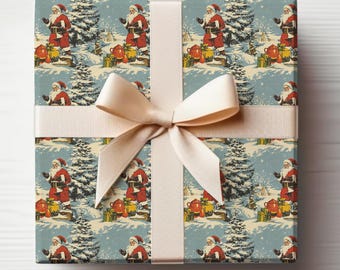 May include: A wrapped gift box featuring a festive Christmas-themed wrapping paper. The paper has a repeating pattern of Santa Claus figures, snow-covered trees, and gifts. A cream-colored ribbon is tied in a bow around the box, creating a classic holiday presentation.