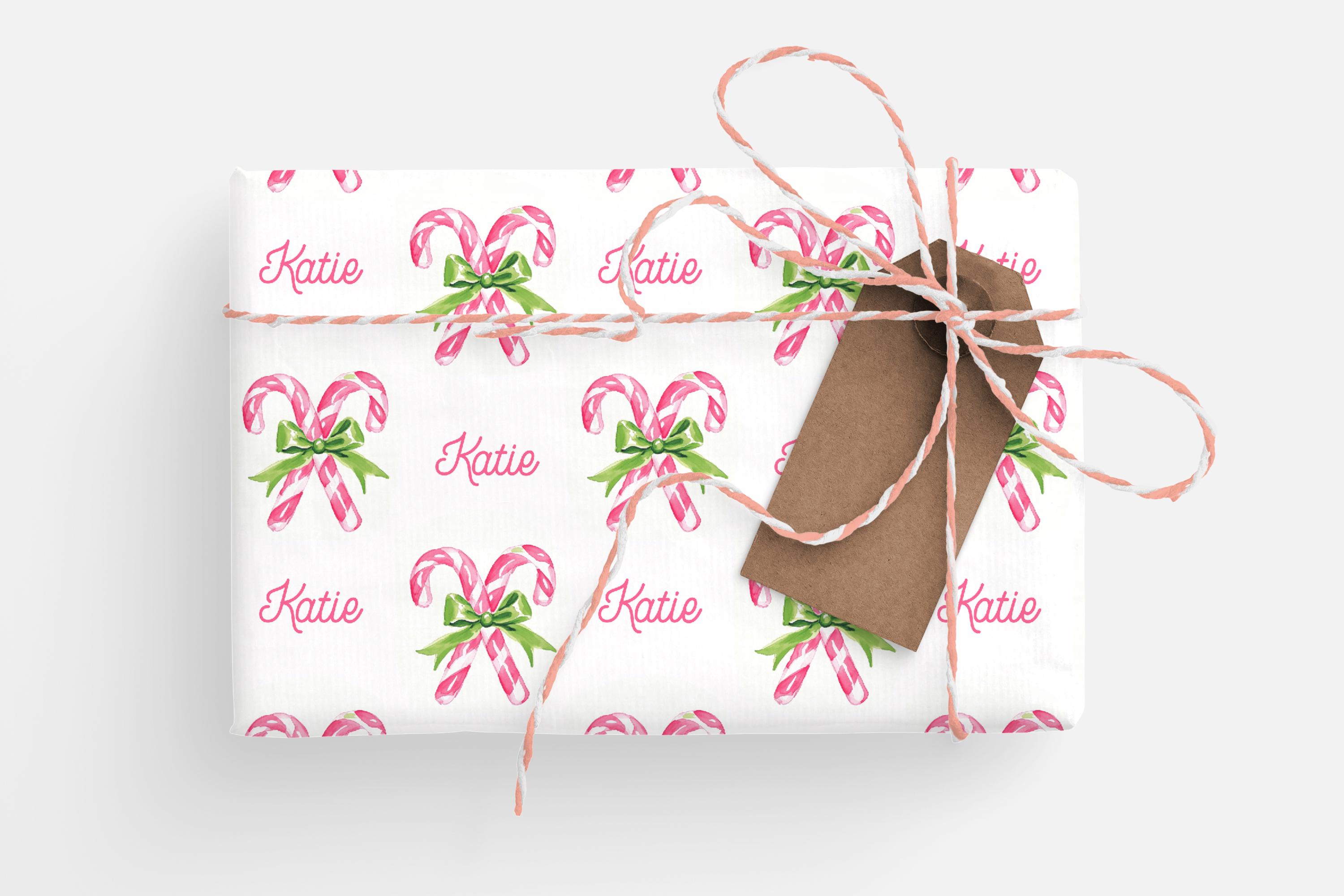 Pink Candy Cane Wrapping Paper With Custom Name Watercolor Pink Candy ...