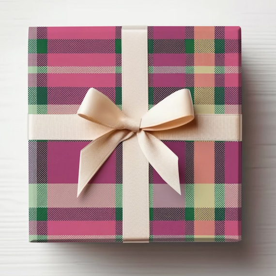 Pink and Green Plaid Wrapping Paper Roll, Pink Christmas Wrapping Paper, Pink Plaid Gift Wrap, Pink Gingham Wrapping Paper, Pink Tartan