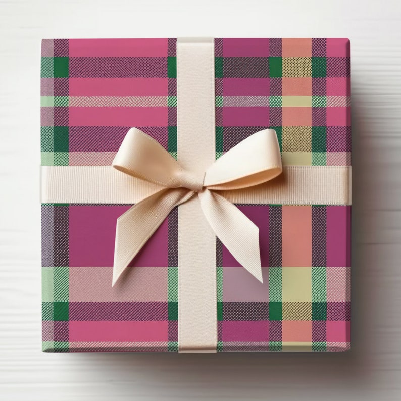 May include: A gift box wrapped in pink, green, and cream plaid wrapping paper with a cream satin ribbon tied in a bow.