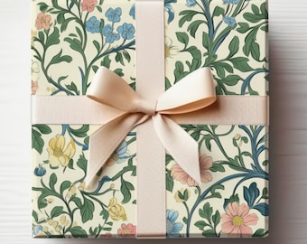 William Morris Geschenkrolle reich verzierte salbeigrüne Geschenkpapierrolle viktorianischer Blumenentwurf, William Morris Geschenkpapierrolle elegant
