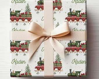 名前入りクリスマス列車ラッピングペーパーロール、カスタマイズされた名前の子供用ラッピングペーパークリスマスカスタム名子供用ギフトラップ