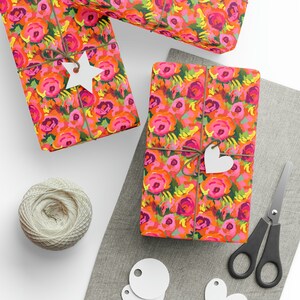 Artistic Wrapping Paper Roll, Neon Pink Gift Wrap Roll, Abstract Painting Gift Wrap, Neon Wrapping Paper Roll, Orange and Pink Gift Wrap image 2